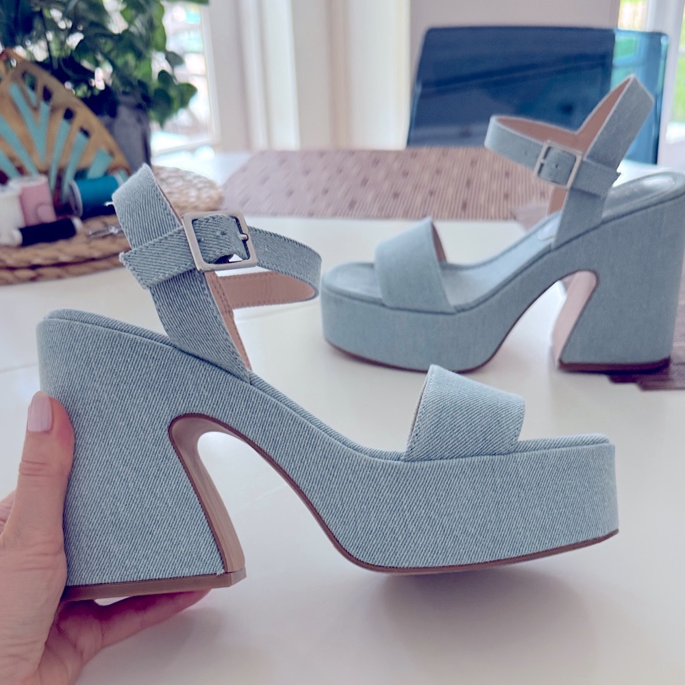 JustFab Light Blue Denim Platform Chunky Heels Sandals Square Toe Size 6.5